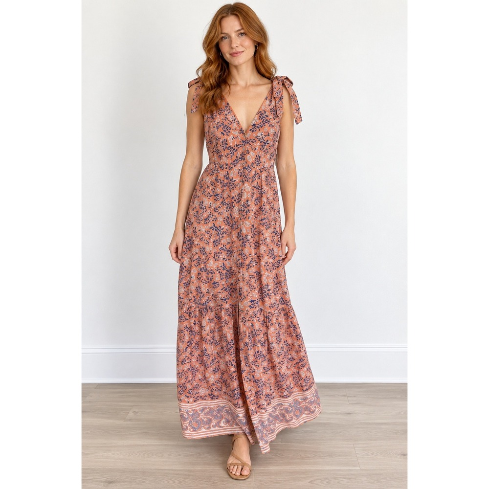 Cleobella Orange Floral Woodblock Print Tie Shoulder Button Front Midi Dress S
